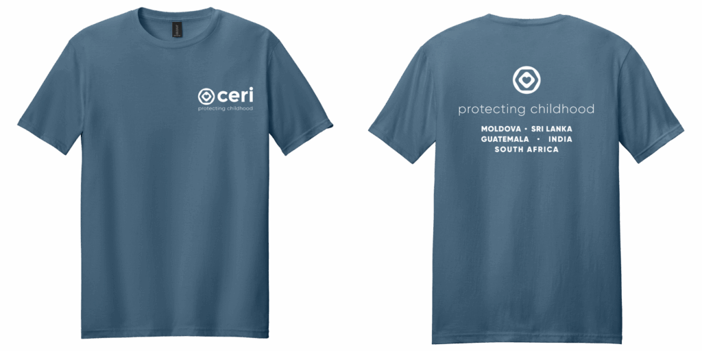 Blue t-shirt with "CERI Protecting Childhood" logo on the front left. Back lists countries: Moldova, Sri Lanka, Guatemala, India, South Africa.